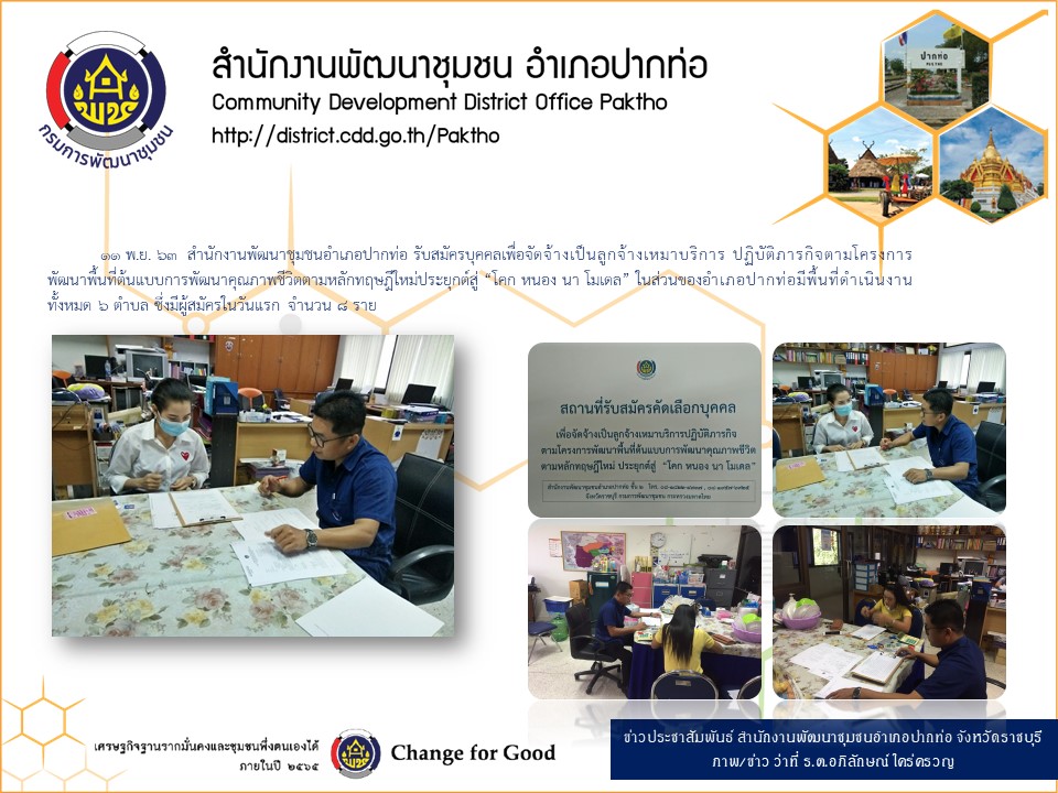 พช.ราชบุรี รับสมัครเข้ารับการคัดเลือกเป็นลูกจ้างเหมาบริการ ปฏิบัติภารกิจตามโครงการพัฒนาพื้นที่ต้นแบบการพัฒนาคุณภาพชีวิตตามทฤษฎีใหม่ ประยุกต์สู่ “โคก หนอง นา โมเดล”